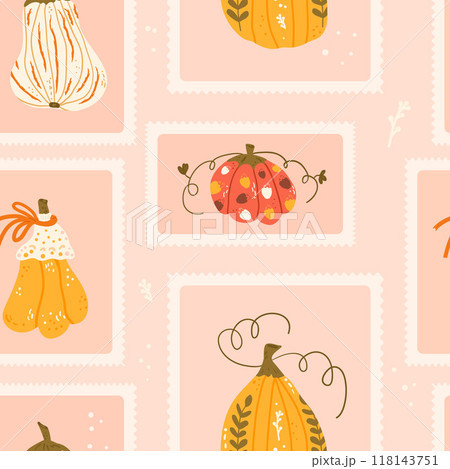 Pumpkin checked seamless pattern. Bento box autumn harvest repeat background. Halloween retro stamps endless design. Vector hand drawn flat illustration. 118143751