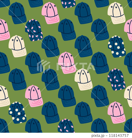 Caps seamless pattern. Y2k ball cap repeat background. Vector continuous surface design. 118143757