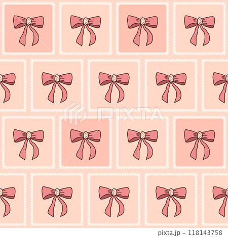 Bows quilted seamless pattern. Pink wrapping band patchwork repeat background. Bowknots post stamps design. Vector illustration. 118143758