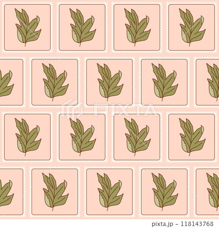 Leaf quilted seamless pattern. Plant patchwork repeat background. Floral retro post stamps endless design. Vector hand drawn flat illustration. 118143768