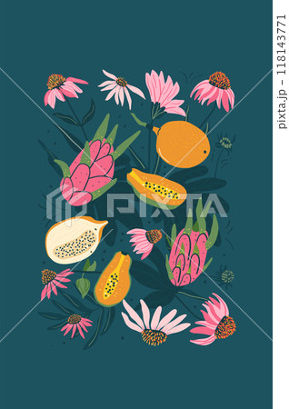 Fruits and wildflowers background. Sweet granadilla, dragonfruit and coneflowers dark poster. Dark tropical card. Vector hand drawn illustration 118143771