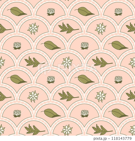 Flowers bud and leaves scallop seamless pattern. Floral arch repeat background. Simple retro endless design. Vector hand drawn illustration. 118143779
