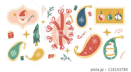 Set of Christmas baubles. Happy New Years kit. Vector hand drawn collection illustration isolated on white background. 118143780