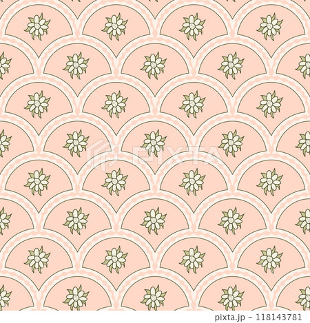 Flowers bud scallop seamless pattern. Floral arch repeat background. Simple retro endless design. Vector hand drawn illustration. 118143781