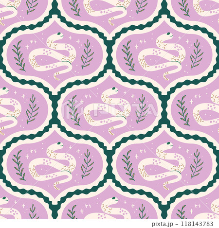 Snakes damask seamless pattern. Reptiles repeat background. Animal surface pattern design. Vector hand drawn flat illustration. Snakes damask seamless pattern. Reptiles repeat background. Animal surface pattern design. Vector hand drawn flat illustration. 118143783