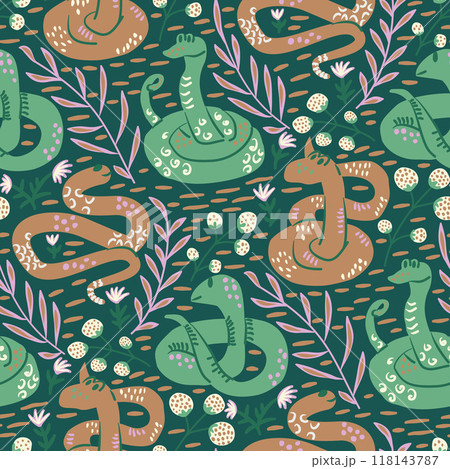 Snakes seamless pattern. Reptiles and plants repeat background. Animalistic surface pattern design. Perfect for nursery wallpaper, kids fabric. Vector hand drawn flat illustration. 118143787
