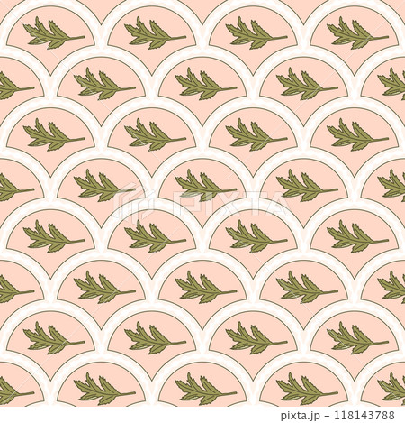 Leaves scallop seamless pattern. Foliage acanthus simple arch repeat background. Vector hand drawn flat illustration. 118143788