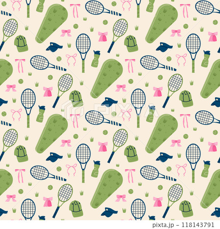Tennis preppy seamless pattern. Racket, balls and tennis bags with bow and caps repeat background. Vector coquette continuous surface design. 118143791