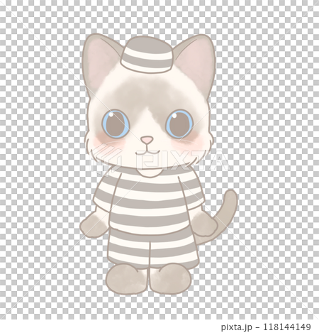 一隻穿著萬聖節服裝、監獄制服的貓的插圖 一隻穿著萬聖節服裝、監獄制服的貓的插圖 118144149