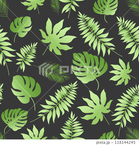 Jungle foliage botanical seamless ornament. Retro fabric swatch vector design. Fresh philodendron leaves. Jungle backdrop. 118144245