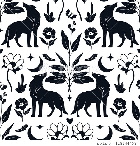 Wolves Moon Floral Pattern vector 118144458