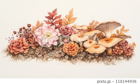 Detailed botanical illustration with plants and mushrooms 118144936
