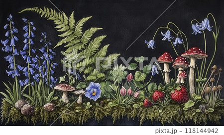Detailed botanical illustration with plants and mushrooms 118144942