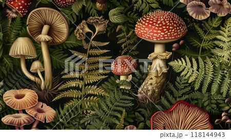 Detailed botanical illustration with plants and mushrooms 118144943