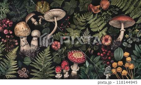 Detailed botanical illustration with plants and mushrooms Detailed botanical illustration with plants and mushrooms 118144945