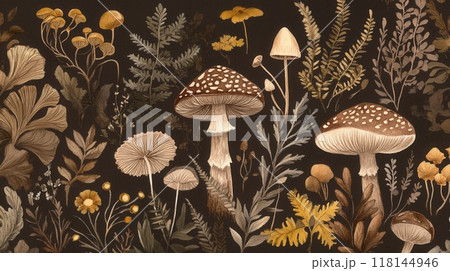 Detailed botanical illustration with plants and mushrooms Detailed botanical illustration with plants and mushrooms 118144946