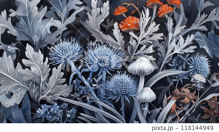 Detailed botanical illustration with plants and mushrooms 118144949