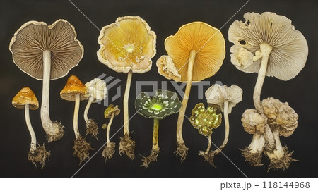 Detailed botanical drawing showcasing different bioluminescent mushrooms 118144968