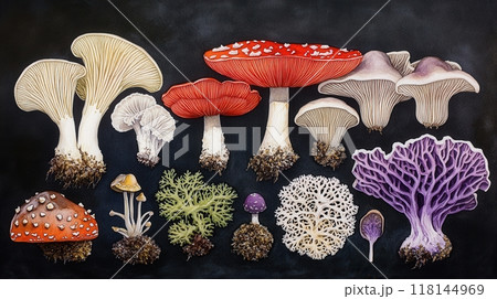 Detailed botanical drawing showcasing Amanita muscaria and and other mushrooms 118144969