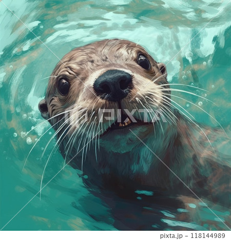 illustration of a sea otter swimming in the water. digital painting 118144989
