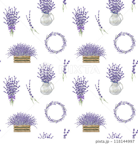 Lavender flower element decor seamless pattern. Watercolor vintage style illustration. Hand drawn lavandula herb wreath, bunch, bouquet decoration. Decorative elements with lavender seamless pattern Lavender flower element decor seamless pattern. Watercolor vintage style illustration. Hand drawn lavandula herb wreath, bunch, bouquet decoration. Decorative elements with lavender seamless pattern 118144997