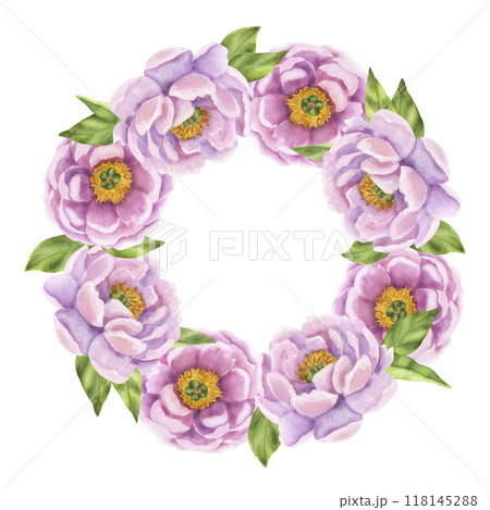 Pink peony round wreath flower frame. Floral print buds and green leaves. Hand drawn watercolor illustration isolated background. For printing postcards, invitations, textile, clothes, greeting cards 118145288