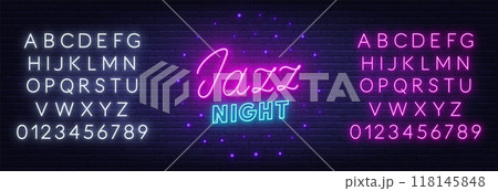 Jazz Night neon lettering on brick wall background 118145848