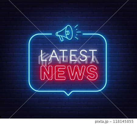Latest News neon sign in speech bubble on brick wall background. Latest News neon sign in speech bubble on brick wall background. 118145855