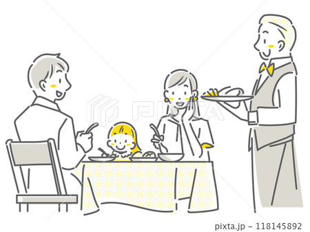 レストランで食事を楽しむ若い家族　シンプルでお洒落な線画イラスト 118145892