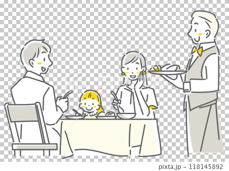 レストランで食事を楽しむ若い家族　シンプルでお洒落な線画イラスト 118145892
