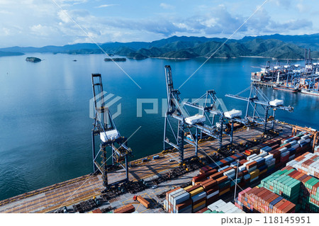 Aerial view of Yantian international container terminal in Shenzhen city, China Aerial view of Yantian international container terminal in Shenzhen city, China 118145951