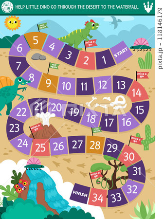 Dinosaur dice board game for children with cute animals and ancient world landscape. Prehistoric boardgame with little animal escaping raptors, bones, desert, skull. Dino land printable activity Dinosaur dice board game for children with cute animals and ancient world landscape. Prehistoric boardgame with little animal escaping raptors, bones, desert, skull. Dino land printable activity 118146179