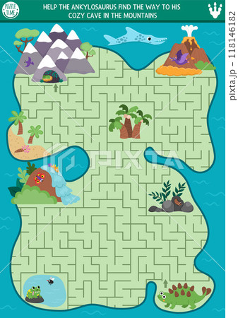 Dinosaur maze for kids with cute animals and ancient world landscape. Prehistoric preschool printable activity. Dino land geometric labyrinth game, puzzle. Help ankylosaur find way to his cave 118146182