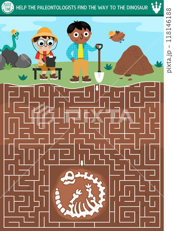 Dinosaur maze for kids with cute paleontologists. Prehistoric preschool printable activity with boys on a dig. Dino land geometric labyrinth game with soil, ground, archaeologists, fossils, skeleton Dinosaur maze for kids with cute paleontologists. Prehistoric preschool printable activity with boys on a dig. Dino land geometric labyrinth game with soil, ground, archaeologists, fossils, skeleton 118146188