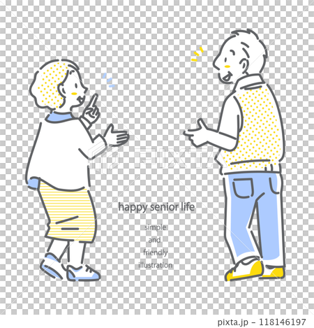 一對微笑的老年夫婦的後視圖 — 簡單而時尚的線條畫插圖 118146197