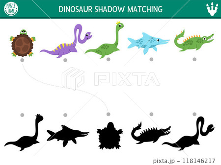 Dinosaur shadow matching activity with water animals. Prehistoric puzzle with cute plesiosaur, Ichthyosaur. Find correct silhouette printable worksheet or game. Dino land page for kids 118146217