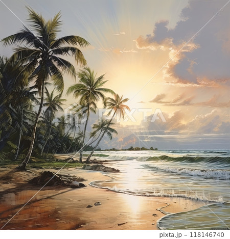 Nightfall on a tropical beach with palm trees and a setting sun over the ocean. Nightfall on a tropical beach with palm trees and a setting sun over the ocean. 118146740