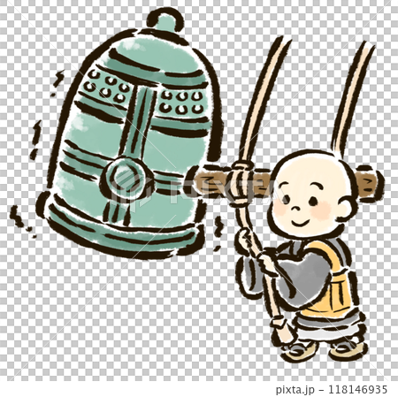Hand-drawn illustration of a child monk ringing the bell on New Year's Eve 118146935