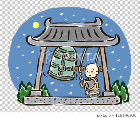 Hand-drawn illustration of a young monk ringing the bell on New Year's Eve with background 118146936