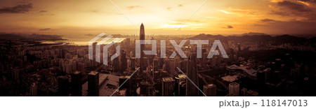 Aerial panorama view of landscape in sunset Shenzhen city,China 118147013