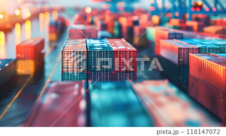 Business - Close-up of colorful shipping containers stacked at a busy port, with blurred background	 118147072