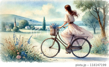 自転車に乗る女の子の水彩画 118147199