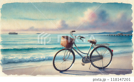 海辺の砂浜に置かれた自転車の水彩画 118147201