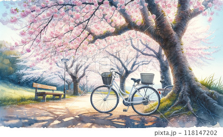 満開の桜と自転車の水彩画 118147202
