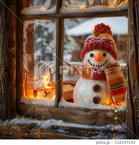 Cozy Snowman by the Winter Window 118147242