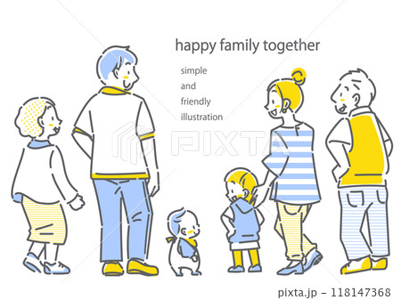 幸せな三世代ファミリーの後ろ姿 シンプルでお洒落な線画イラスト 幸せな三世代ファミリーの後ろ姿 シンプルでお洒落な線画イラスト 118147368