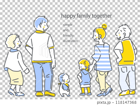幸せな三世代ファミリーの後ろ姿 シンプルでお洒落な線画イラスト 幸せな三世代ファミリーの後ろ姿 シンプルでお洒落な線画イラスト 118147368