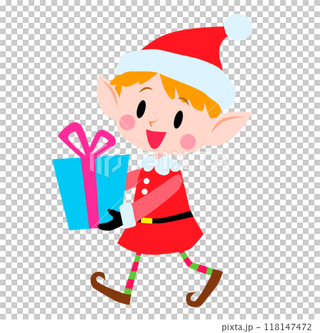 Illustration of an elf wearing red clothes holding a Christmas gift 118147472