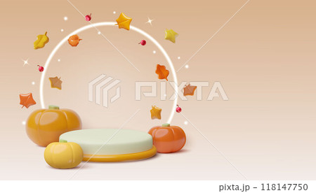 Autumn 3d realistic vector podium background render with neon ring sparkles red leaves and pumpkins 118147750