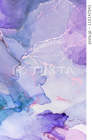 Delicate abstract watercolor artwork featuring shades of purple and blue with hints of gold accents in a serene composition 118147841